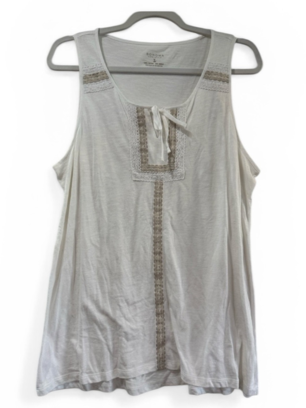 Sonoma White and Tan Embroidered Slubbed Tank - Women's Size Large